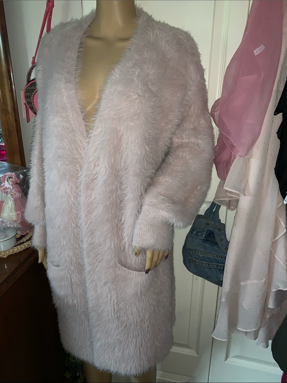 Pink fluffy furry faux angora fur wrap sweater cardigan coat L